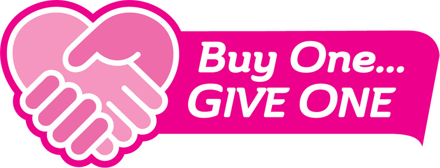stylized graphic of two hands holding each other against a pink banner that says Buy One Give One.